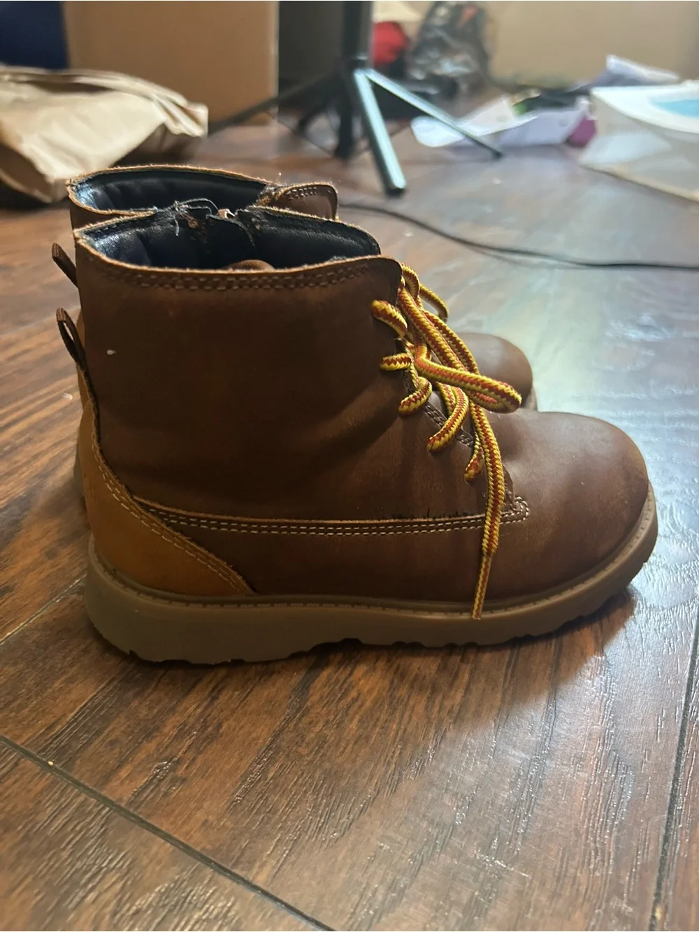 OshKosh B'gosh Brown Kids Lace-Up Ankle Boots with Yellow Laces